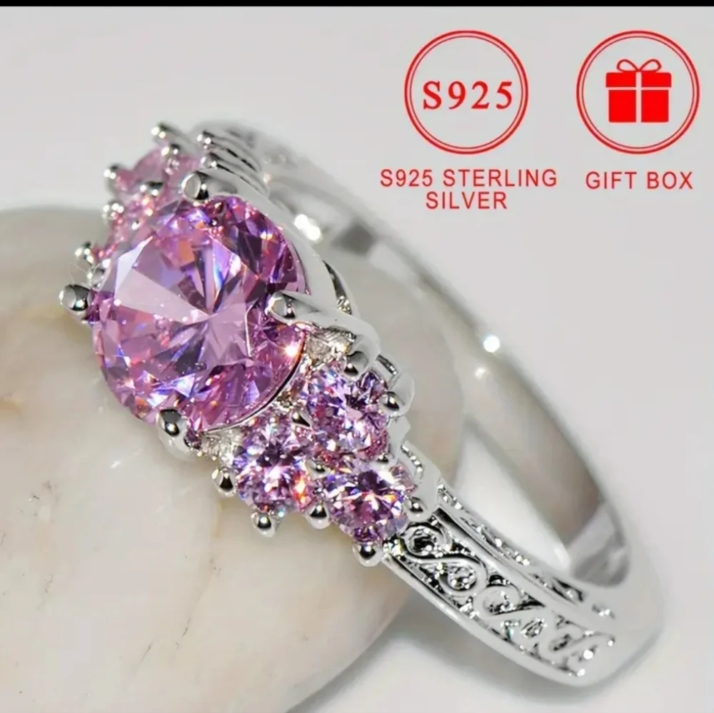 Ladies Sterling Silver Pink Gemstone Ring Sz 9